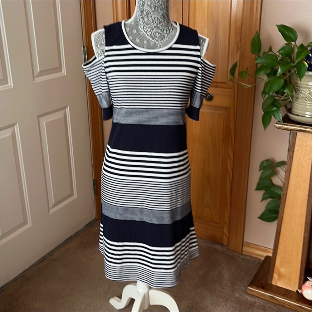 Blue and white striped dress